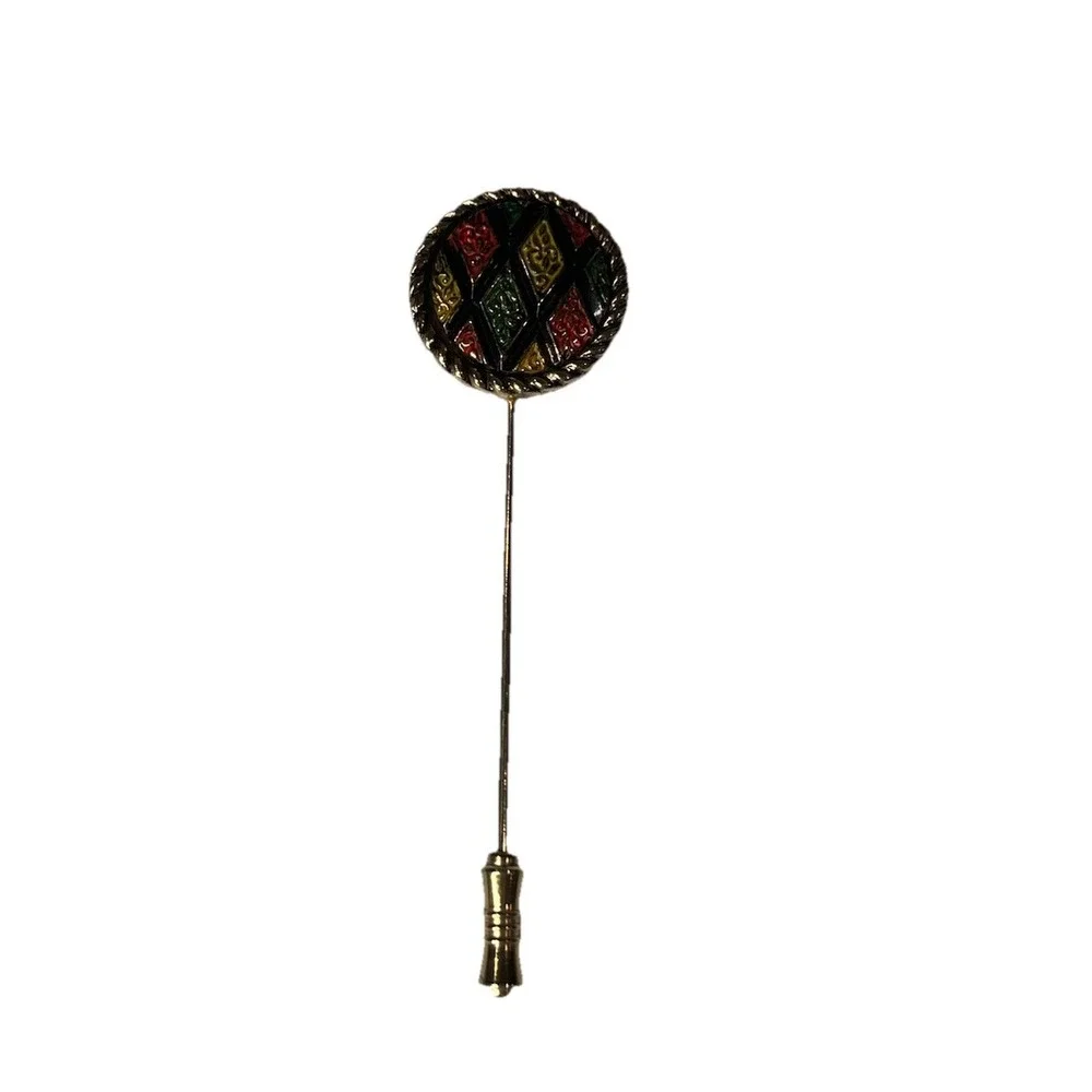 VTG Sarah Coventry Gold Tone Red Green Yellow Mosaic Enamel Round Hat‎ Stick Pin